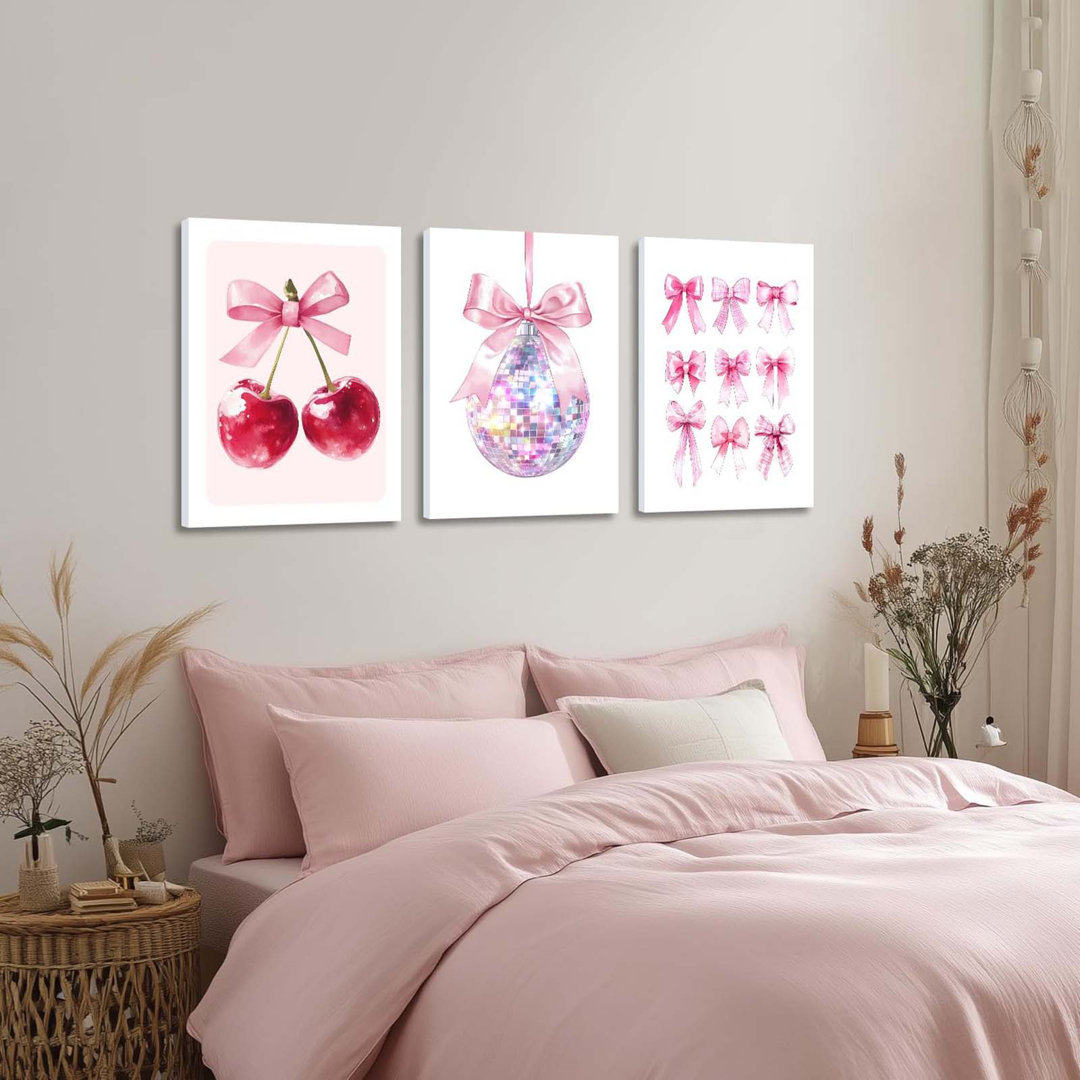 Framed Pink Coquette Bow Trendy Preppy Wall Art Prints Set Of 3, Coquette Room Decor, Preppy Room Dorm Decor Aesthetic, Pink Bow Cherry Disco Ball Wal