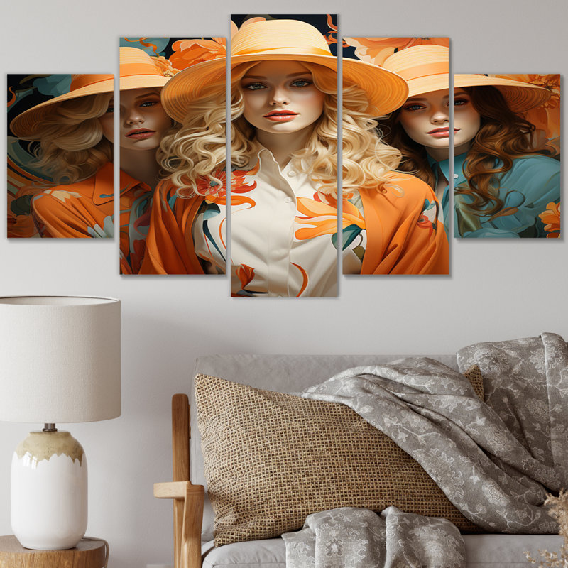 Orange Fashion Hat Women I - impression sur toile tendance - 5 panneaux