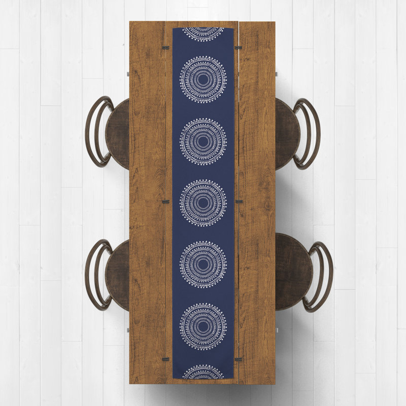 Bethani Rectangle Geometric Polyester Table Runner, 90" x 16", Navy