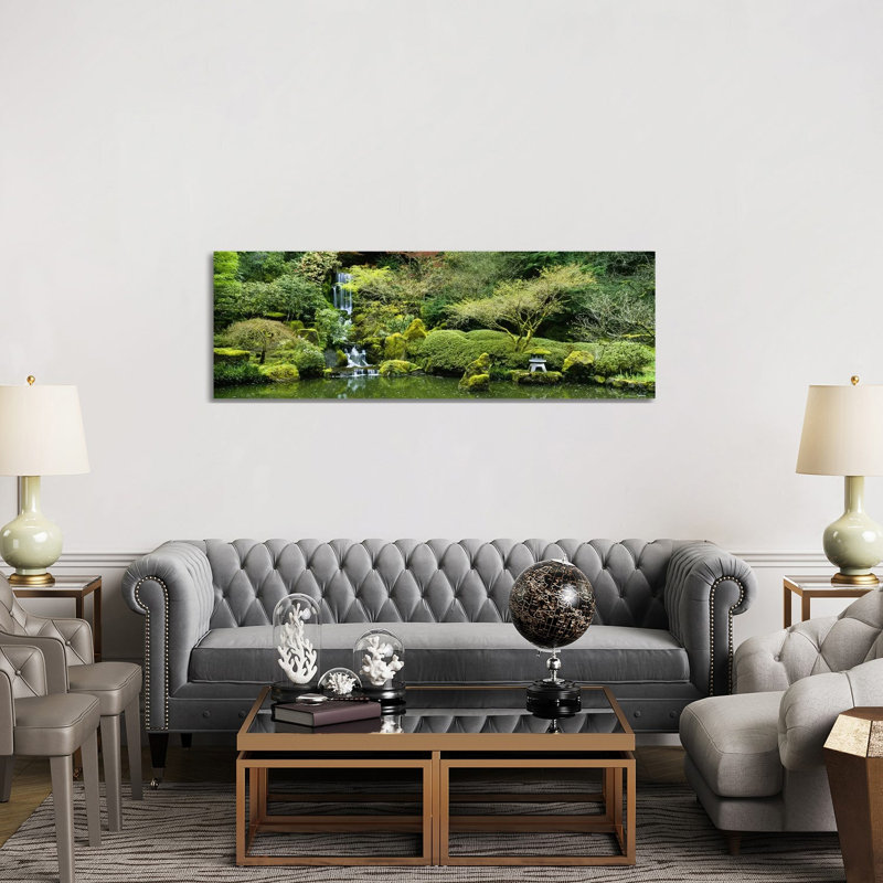 Waterfall In A Garden, Japanese Garden, Washington Park, Portland, Oregon, USA - Wrapped Canvas Panoramic Print