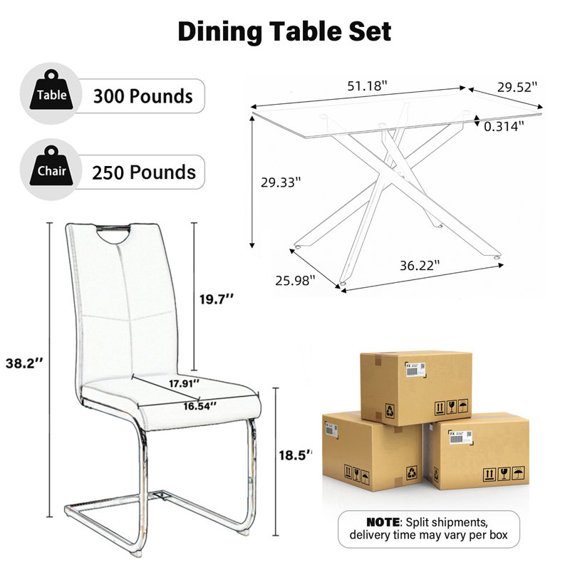 Ensemble de table de salle à manger 51 pouces en verre, ensemble de table de cuisine moderne avec chaise rembourrée en cuir polyuréthane à haut dossier pour la salle à manger de cuisine