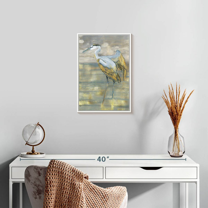 Golden Blue Heron, Floating Frame White, 13" x 19"