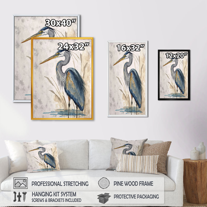 «Passabe Heron By The Waterside Watercolor II», reproduction d'art sur toile, H 32 po x l 16 po, Toile avec cadre flottant