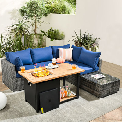 4 - Person Patio Furniture Set With Coffee Table, Outdoor Wicker Rattan Sectional Seating Group With Cushions, All Weather Sofa Conversation Set With Fire Pit Table For Garden Backyard