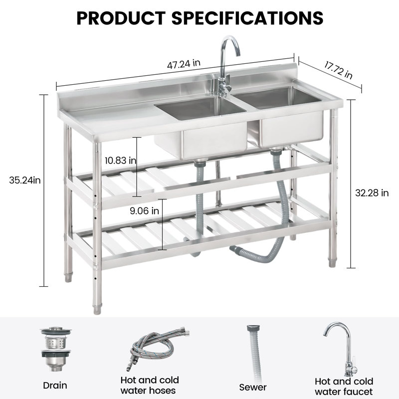 Évier utilitaire 47 pouces en acier inoxydable avec établi, double cuve autoportante avec robinet d'eau chaude et froide
