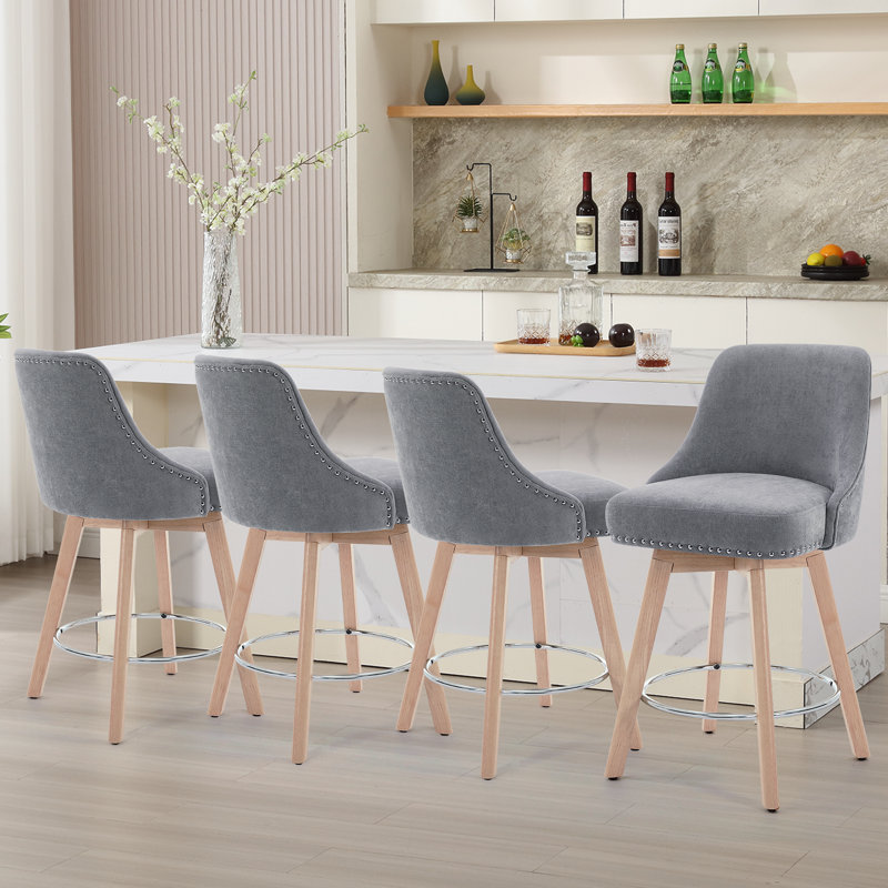 Swivel Upholstered Counter Stool And Bar Stools With Full Back And Solid Wood Frame, 4, Beige Seat/Black Frame