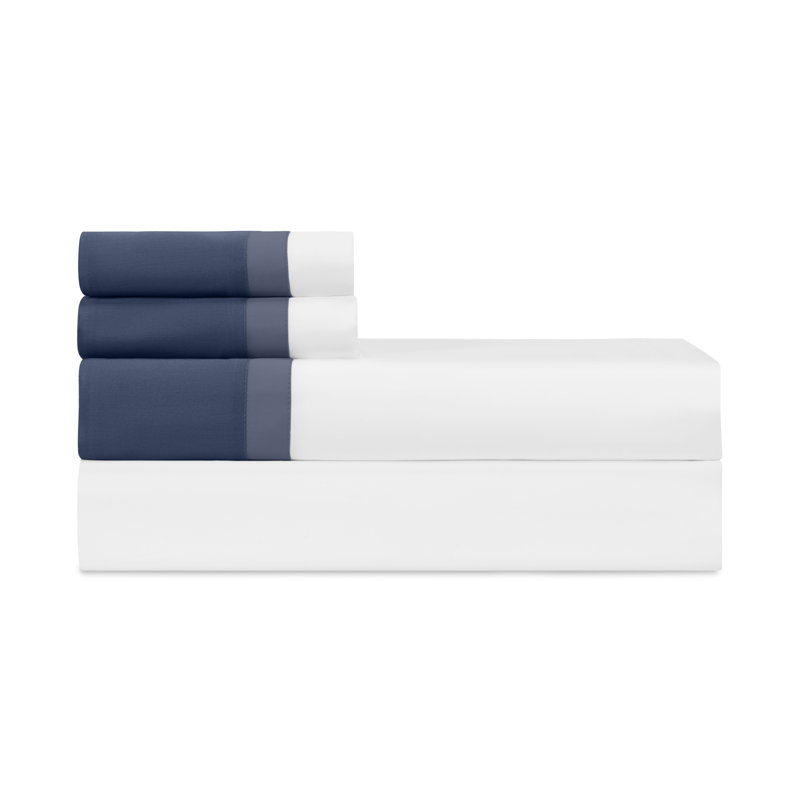 Borders Sateen Sheet Set, White/Stone Blue/Navy Blue, Twin