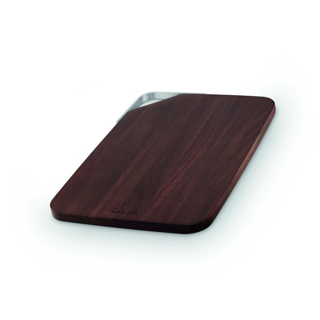 SLT847102 Sur La Table Medium Rectangular Chopping Board, Serving Board, Acacia Wood, Brushed Nickel Handle, Walnut Colour