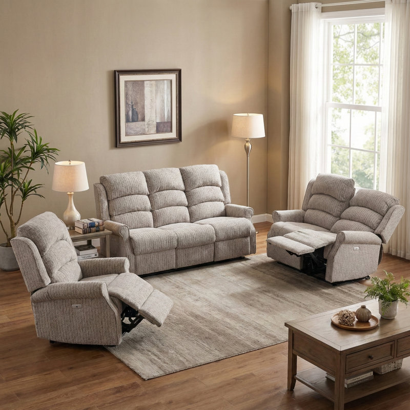 Drancy 3 Seater Reclining Sofa, Natural Polyester Blend