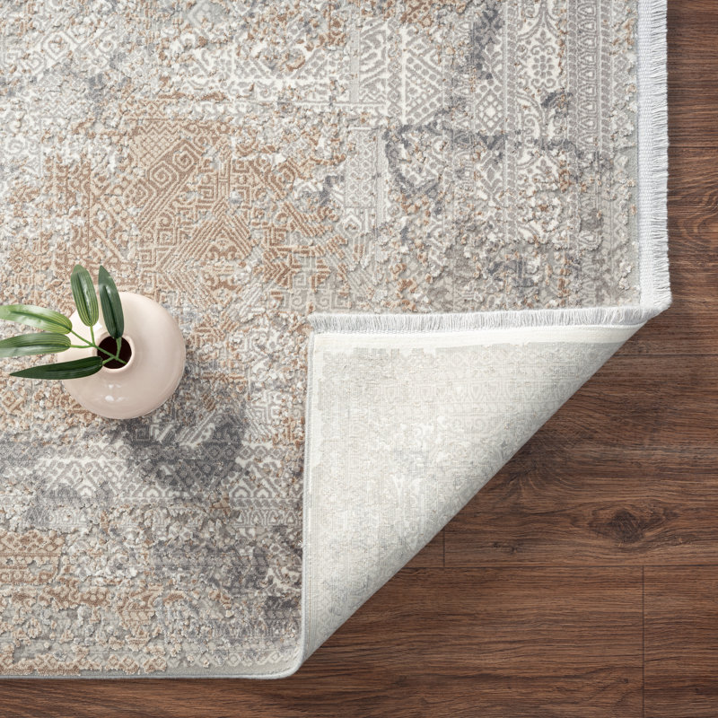 Tapis marocain beige à franges abstraites, Rectangle 5 pi x 7 pi