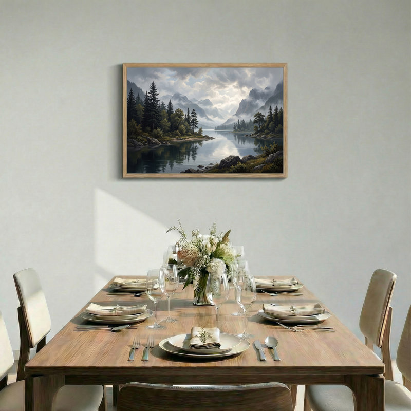 Art mural sur toile Misty Mountain Lake avec pins et rivage rocheux, H 36 po x l 48 po