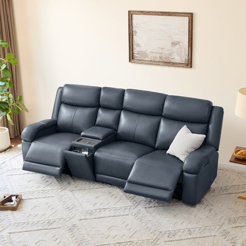 Zachery Genuine Leather Power Reclining Sofa With Multifunctional Console, 3, Navy