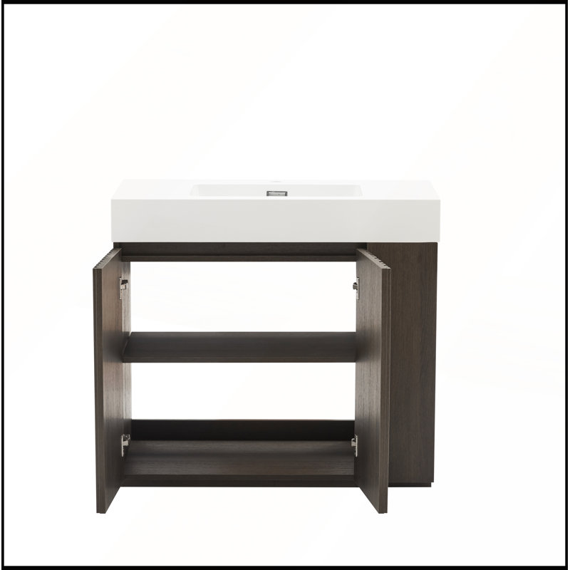 Meuble-lavabo 36 po en chêne fumé avec lavabo pour salle de bain moderne, cuve à quartz blanche une pièce, sans drain et robinet, KD
