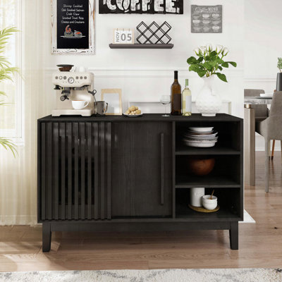 Farmhouse Fluted Sideboard with 2 Doors, Solid Wood Feet, Black