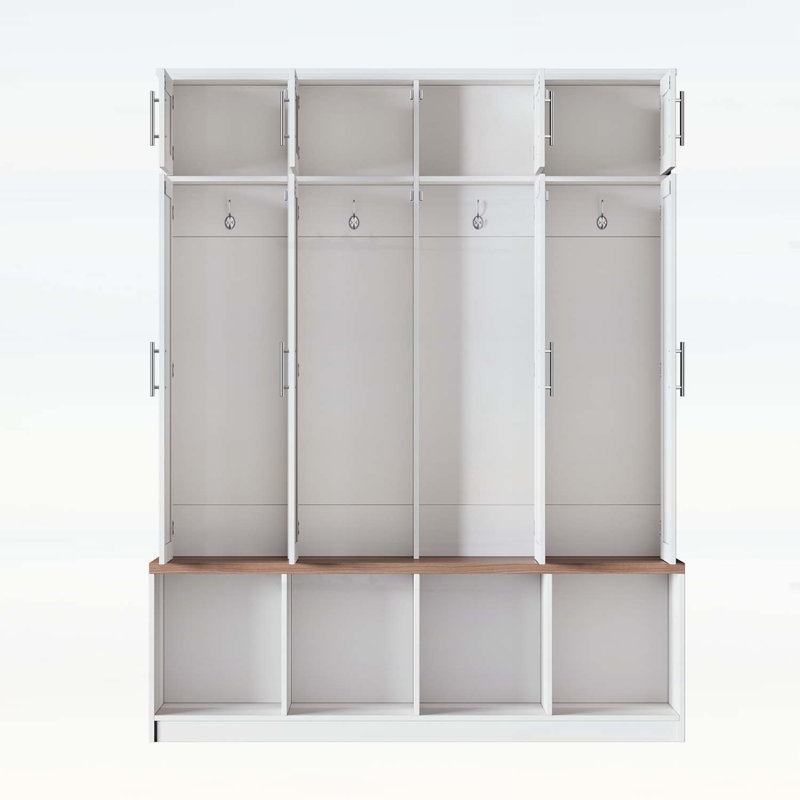Hall Tree with 4 Hidden Hooks,Seating Bench,Shoe Cabinet,Open Compartment for Entryway, White/Walnut