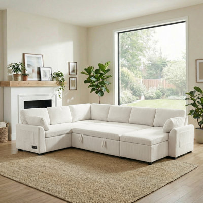 Convertible U-Shaped Sectional Sofa Bed With Reversible Chaise, Built-In Storage Pockets, And Integrated Power Outlets For Living Room Flexibility.