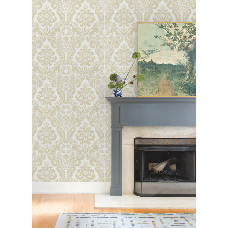 Shadow Black Flocked Damask Wallpaper, White