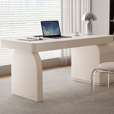 White + Beige Rectangular Manufactured Wood with 4 drawers desk