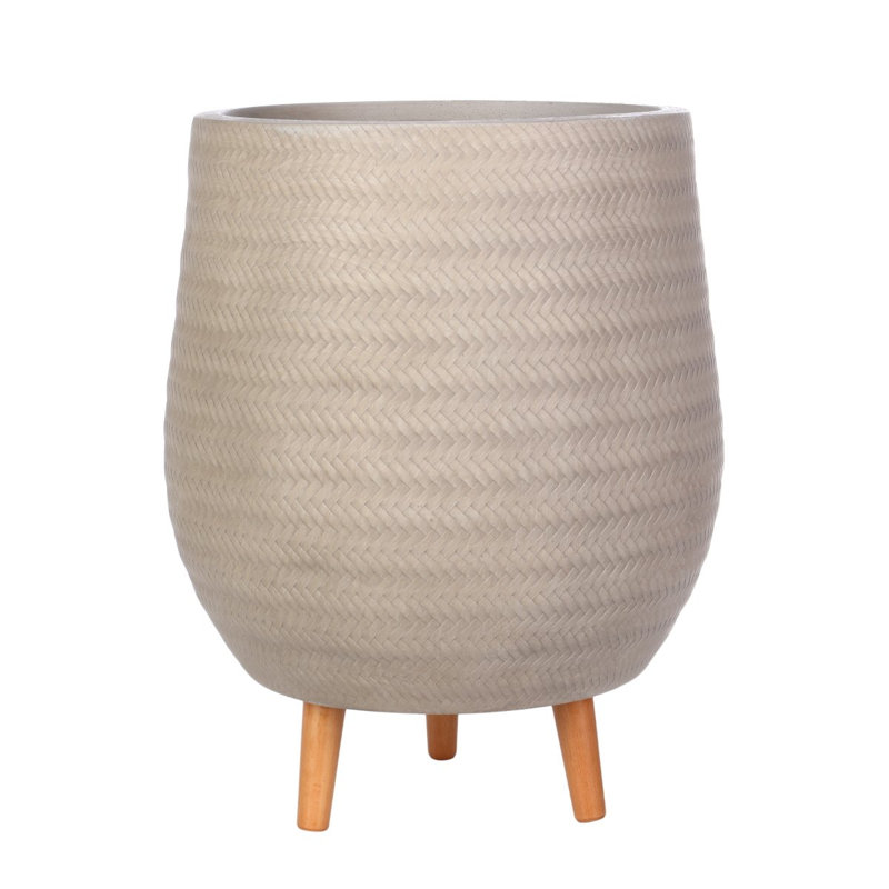Concrete Effect Planter on Hardwood Legs, Round Indoor Plant Pot Stand for Indoor Plants, Indoor Flower Pot with Plaited Pattern