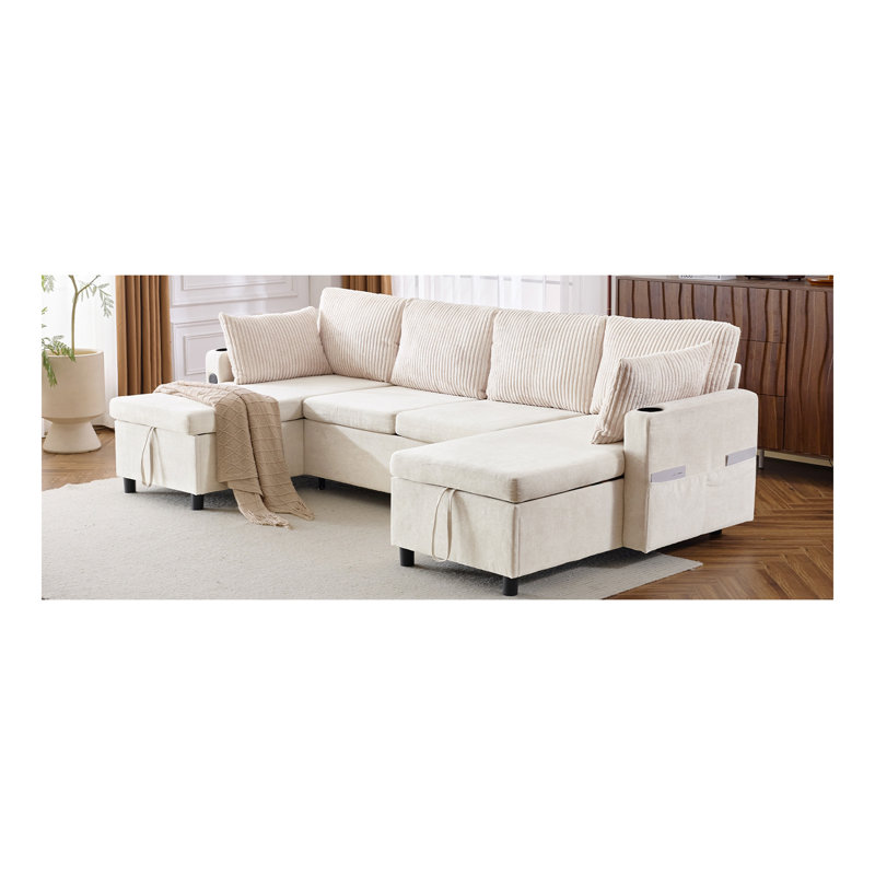 Canapé-lit modulaire 111,8 po avec canapé-lit polyvalent avec grand espace de rangement, deux ports USB et deux porte-gobelets pour le salon, beige