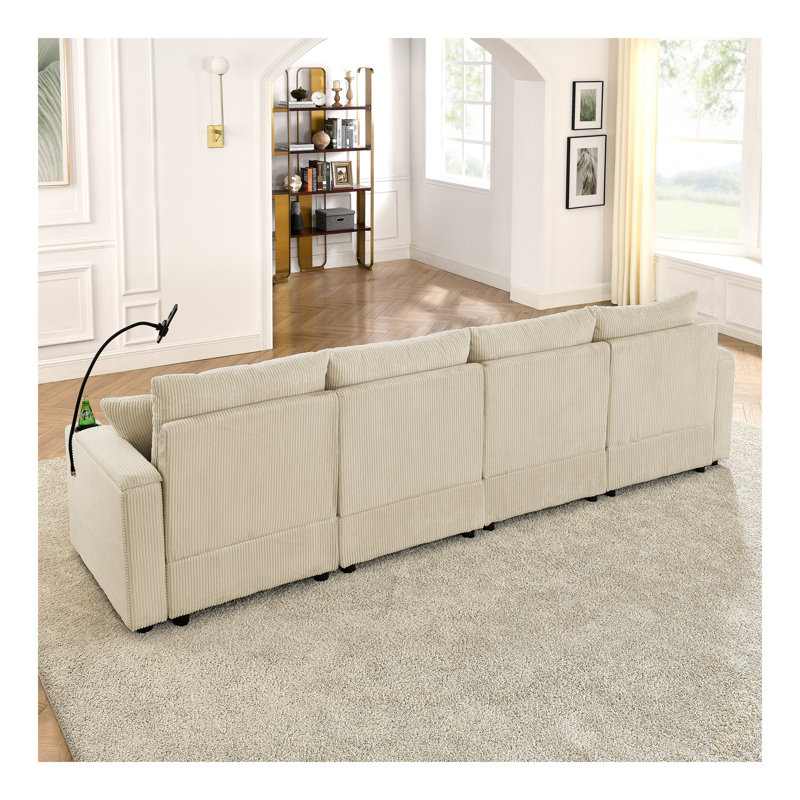 Canapé en L moderne avec 4 sièges et rangement, avec repose-pieds, canapé en L avec porte-gobelets et support pour téléphone, canapé en velours côtelé