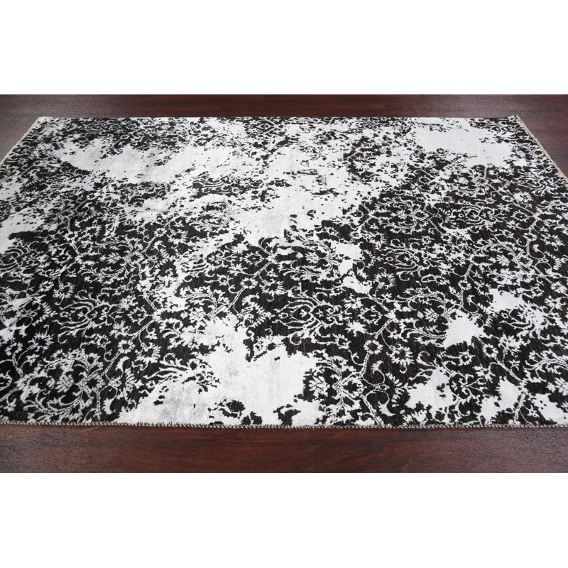 Tapis oriental délavé à motif végétal noir / argent noué à la main 6 x 9