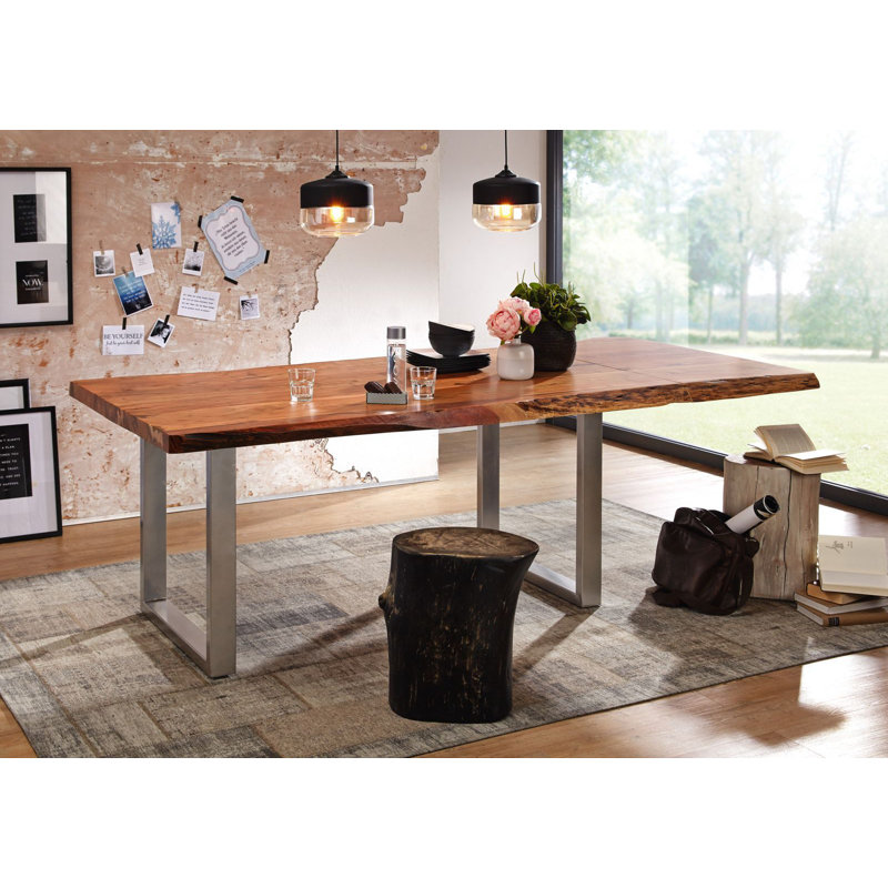 Freeform Extendable Acacia Solid Wood Top Metal Base Dining Table