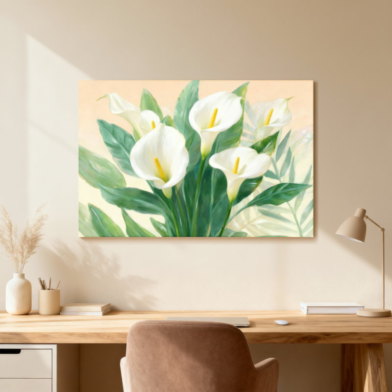 Plantes et fleurs de lys blancs Calla avec feuilles vertes, Toile tendue, Ne s’applique pas, H 24 po x l 36 po