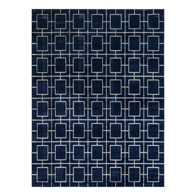 Glam Navy Blue Silver Area Rug, Rectangle 10' x 13'1"
