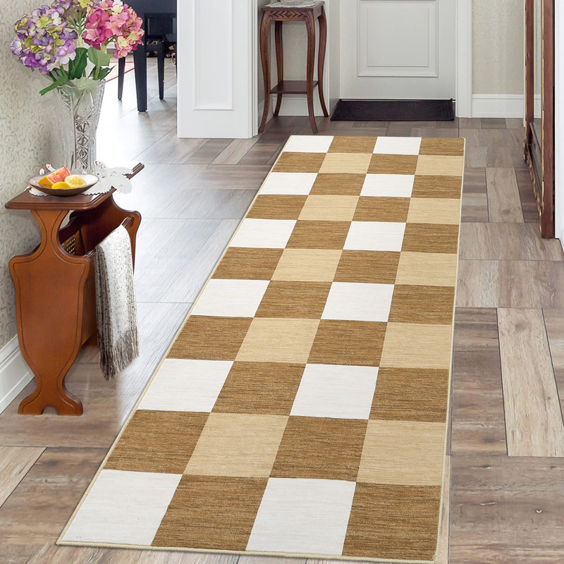 Plaid Printed Runner Rugs 2x6 Modern Hallway Rugs with Non-Slip Backing, Non-Shedding Geometric Indoor Carpet Mat, Foldable Thin Floor Cover for Laundry, Bedroom, Kitchen, Camel