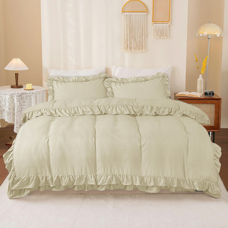 DUVET FRILL Microfiber Solid Colour Duvet Cover with Pillowcases Included, Cream, Double Duvet Cover + 2 Standard Pillowcases