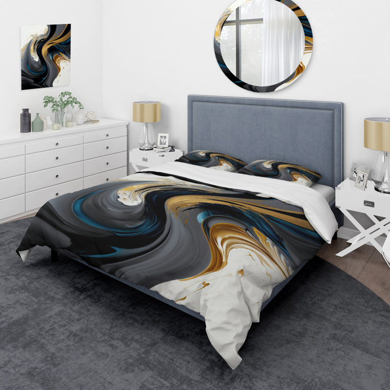 Ensemble de housse de couette en microfibre / polyester liquide noir, blanc et or IV