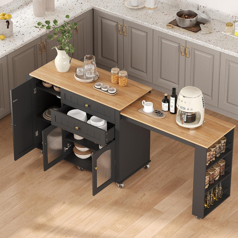 78.3" Rolling Kitchen Island with 2 Stools – Extendable Table, Cabinet, Drawers, Shelves, White Mobile Cart, Black