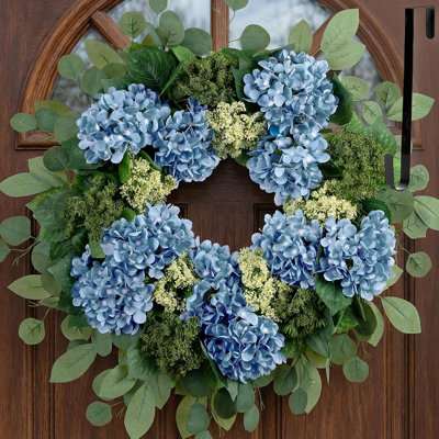 Couronne de porte d'hortensia artificielle - Couronne florale printanière d'été bleu pour l'intérieur et l'extérieur