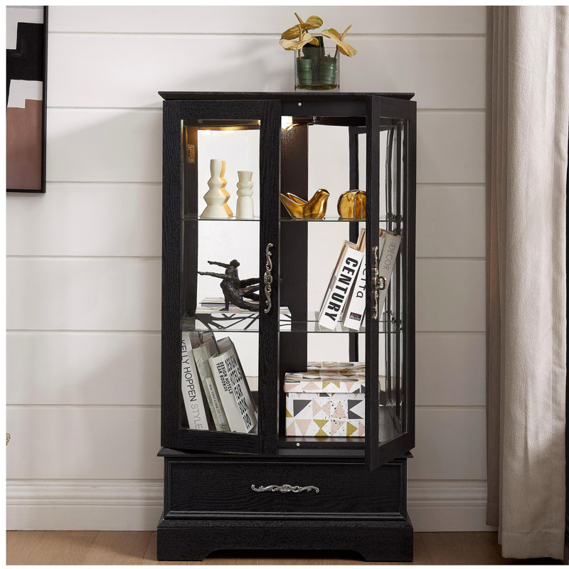 Lighted Glass Curio Display Cabinet with Adjustable Shelves - 2 Doors, 1 Drawer, LED Lights, Elegant Light Oak Finish, Black