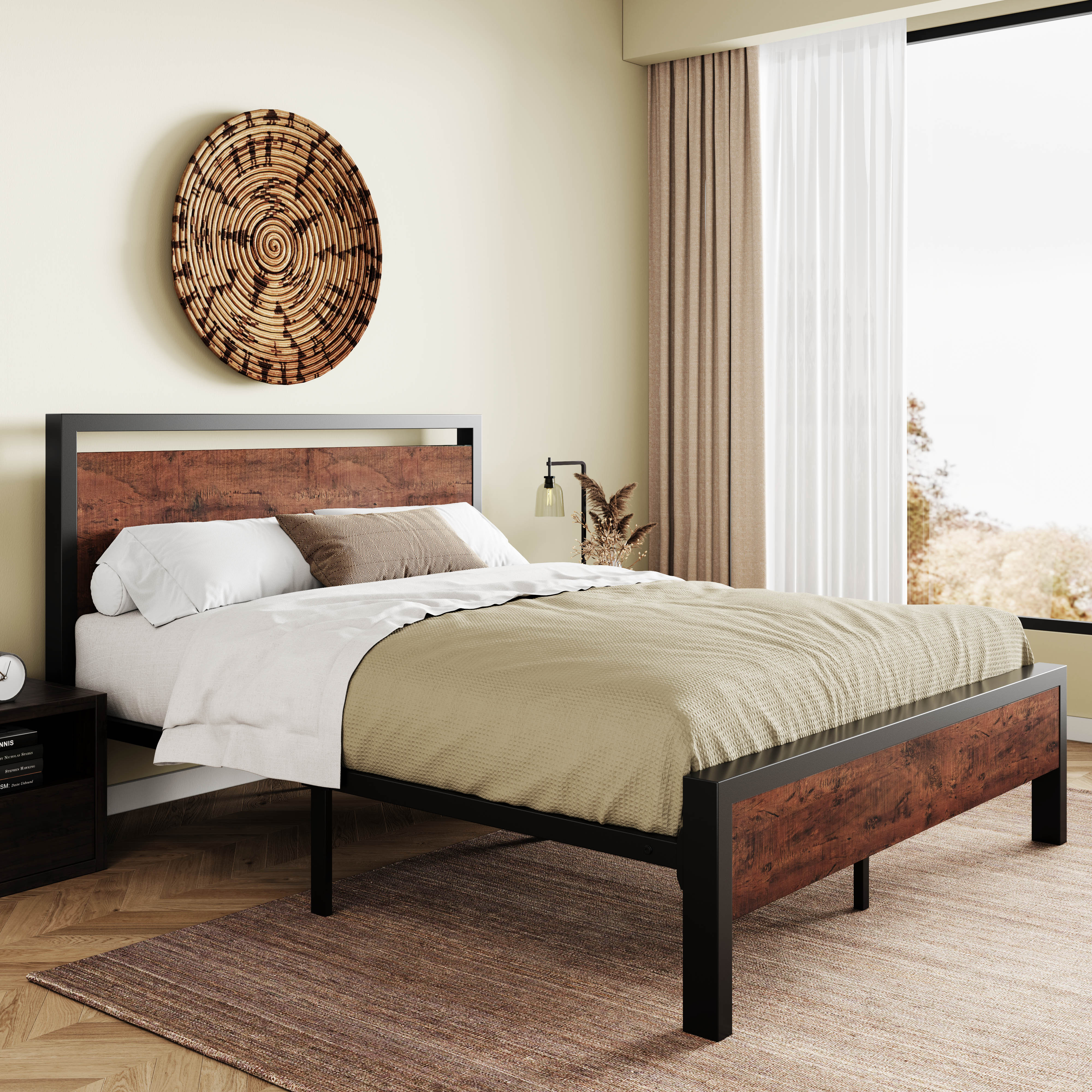 Metal Frame Platform Bed with Wood Headboard
