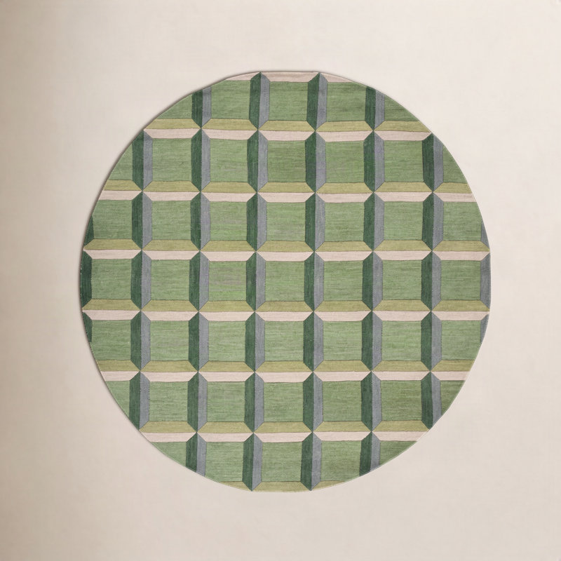 Tapis vert / beige en coton / laine touffeté à la main Giedre, Rond 6 pi