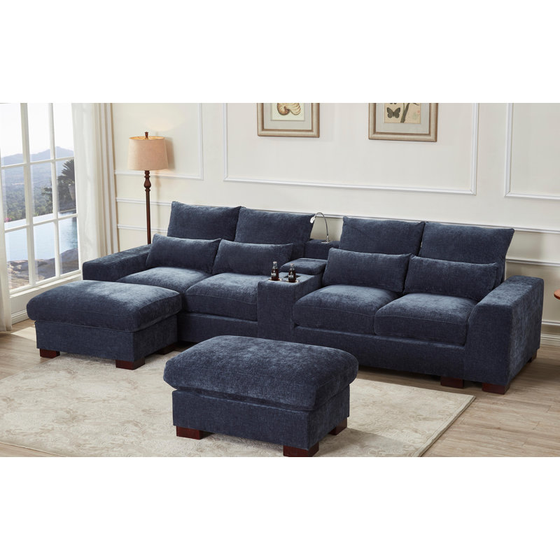 132" U Shape Sectional Sofa Cloud Couch With Removable Ottomans, Dark Gray Chenille