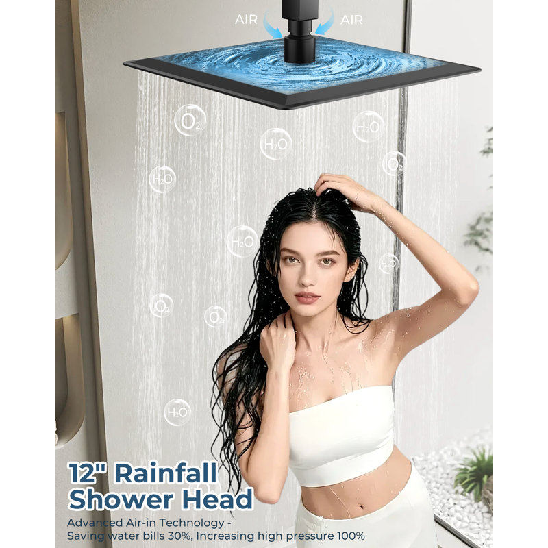 Ceiling Mount Pressure Balanced Shower System, 12" Dual  Showerheads System with Filter and Valve, 12" - Black
