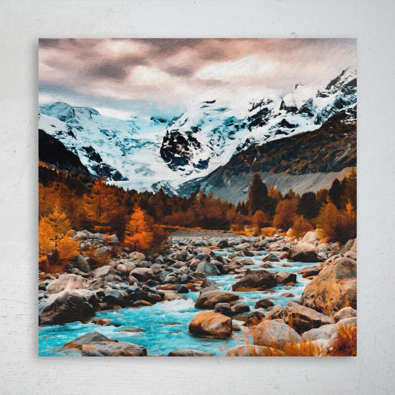 Rivière près des montagnes - 1 pièce, impression carrée sur toile tendue, H 16 po x l 16 po