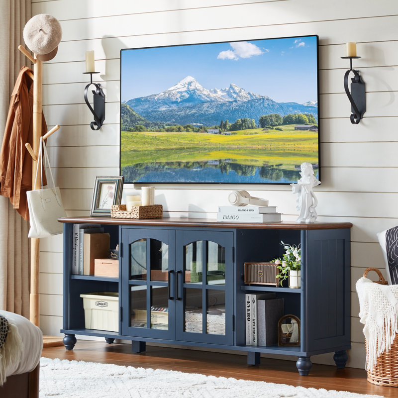 Farmhouse TV Stand For 60 Inch TV, Wood Entertainment Center With Adjustable Shelves & Glass Door Storage Cabinet,Television Stands For 65" TVS,TV Console Table For Living Room,Bedroom