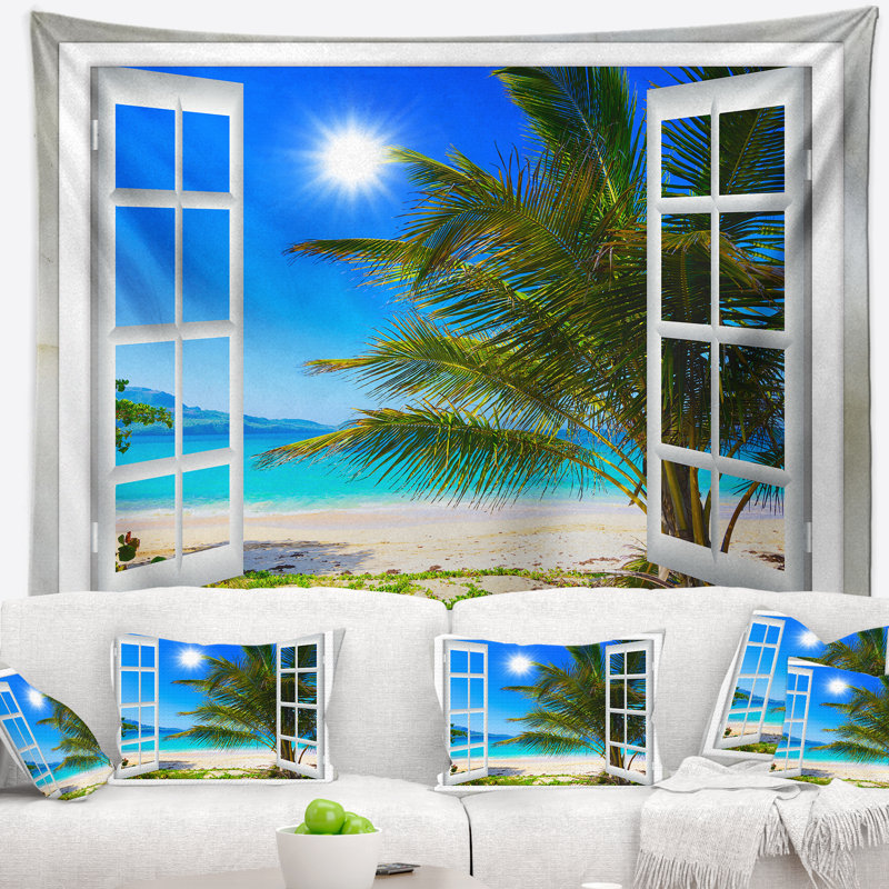 Fenêtre de bord de mer ouverte sur la plage avec tapisserie de palmier, H 32 po x l 39 po