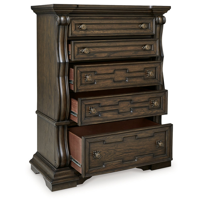 Traditional Dark Brown 5-Drawer Chest with Felt Lined Top Drawer