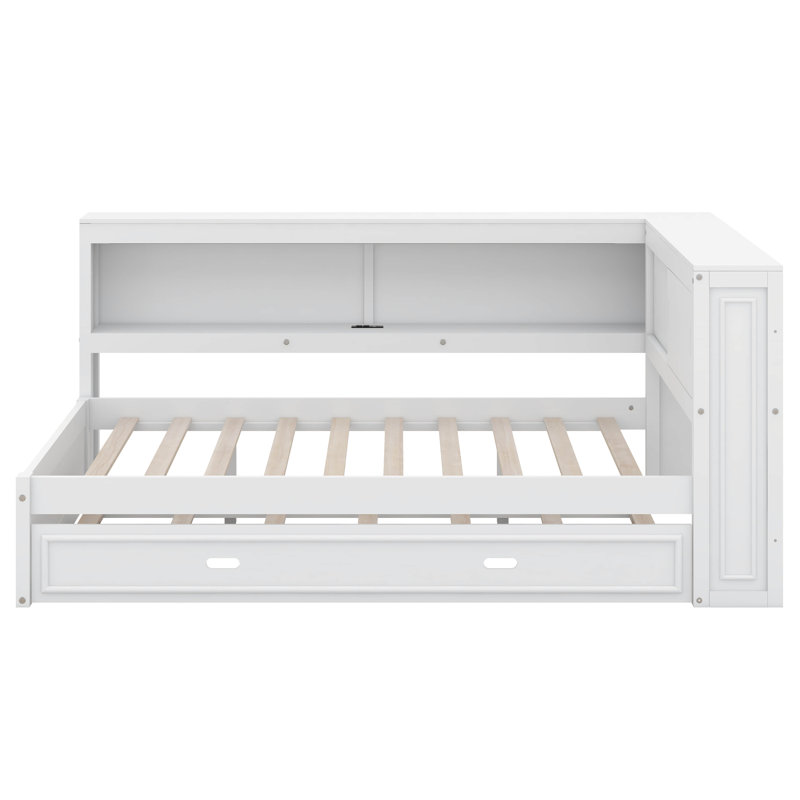 Full Size Wood Daybed With Storage Shelves, USB, LED, And Trundle, White
