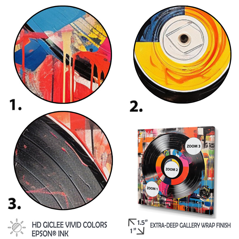 Coloré rétro vinyle III - Disques vinyle, art mural, 44" H x 44" W, Toile tendue