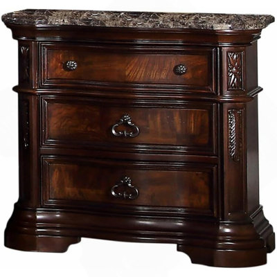Table de chevet traditionnelle avec dessus en faux marbre, table de chevet 3 tiroirs en bois massif, noyer