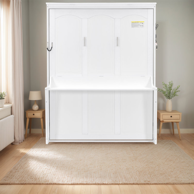 Queen Size Murphy Bed With Desk - Space-Saving Wall Bed With LED Lights & USB Charging, Modern Foldable Design, White