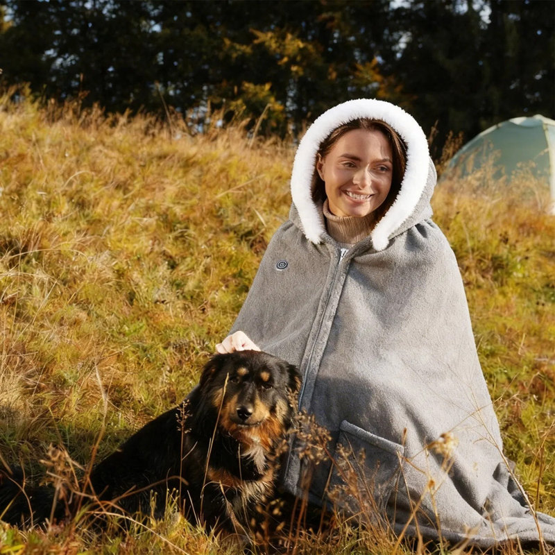 Jeté chauffant portable à capuche avec 3 niveaux de chaleur, flanelle double face, 8 zones de chauffage, lavable à la machine, pour une utilisation intérieure et extérieure
