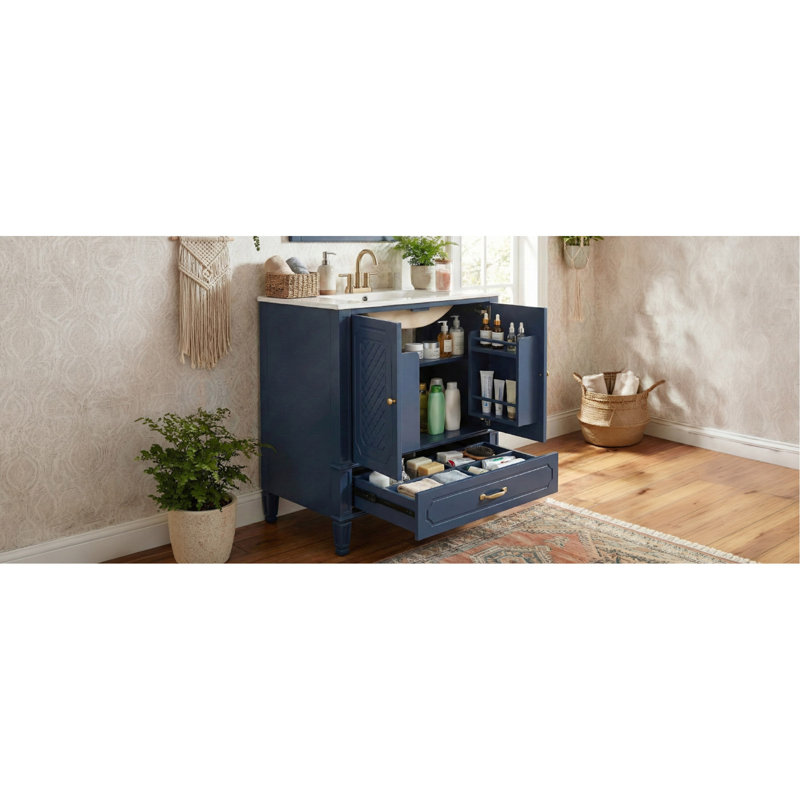 Meuble-lavabo 30 po avec lavabo style rétro, espace de rangement multifonctionnel, tablette de porte, porte à fermeture en douceur, bleu