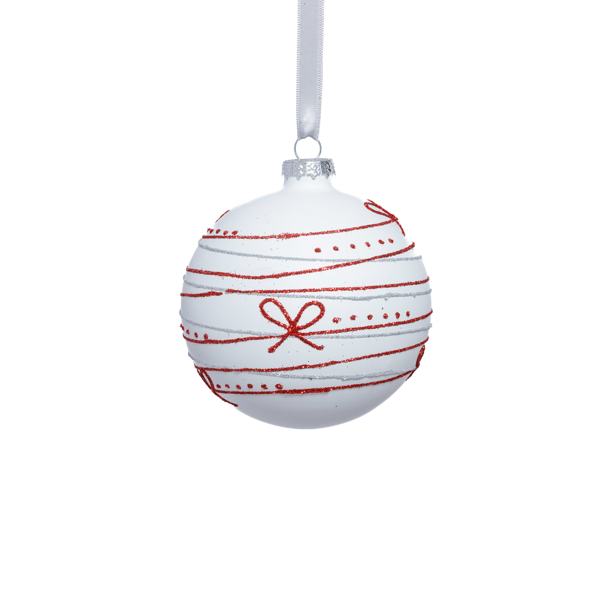 Matte Glass Holiday Ball Ornaments with Red Ribbon Design, Set of 6, 4" H x 4" W x 4" D